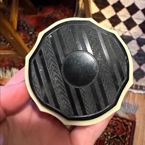 Antique ivory celluloid Victorian vanity box w detailed black lid Sweet treasure